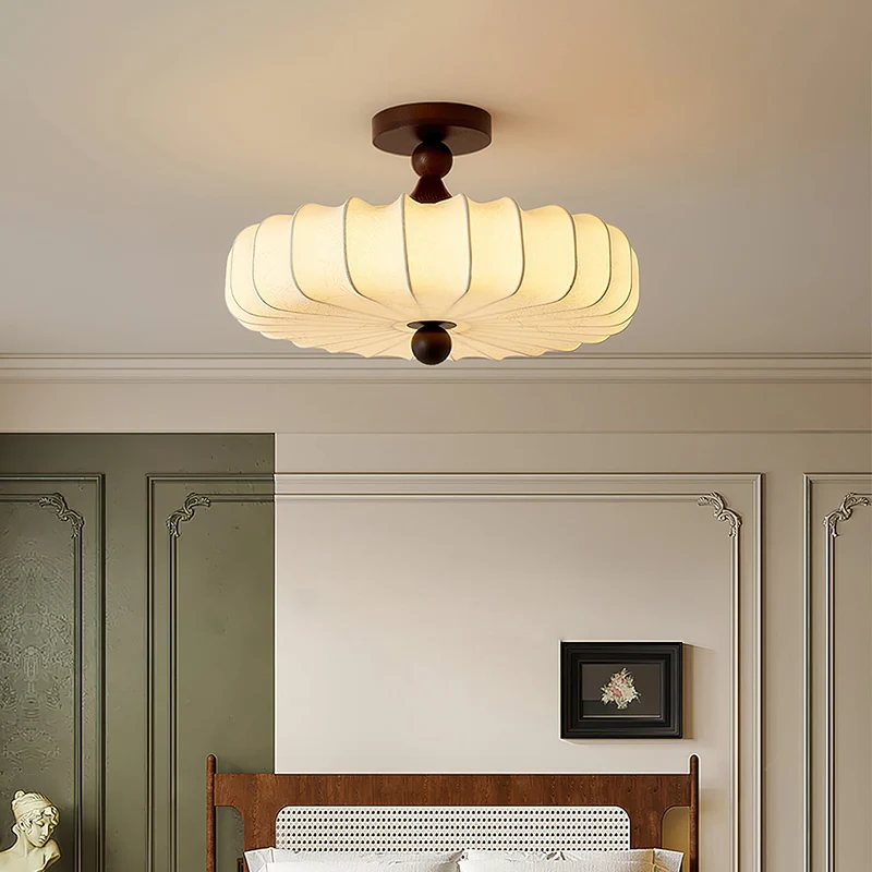 Anela Plafondlamp Walnoot met Beige Gevlochten Kap – Retro Scandinavische Hanglamp met Geïntegreerde LED – Dimbare Plafondverlichting | Sansoti