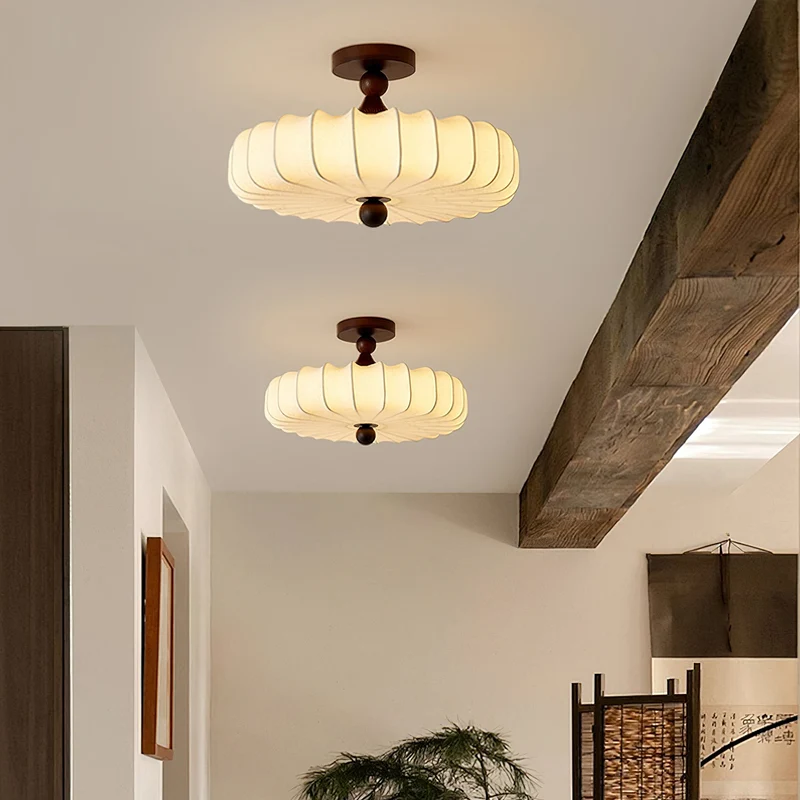 Anela Plafondlamp Walnoot met Beige Gevlochten Kap – Retro Scandinavische Hanglamp met Geïntegreerde LED – Dimbare Plafondverlichting | Sansoti