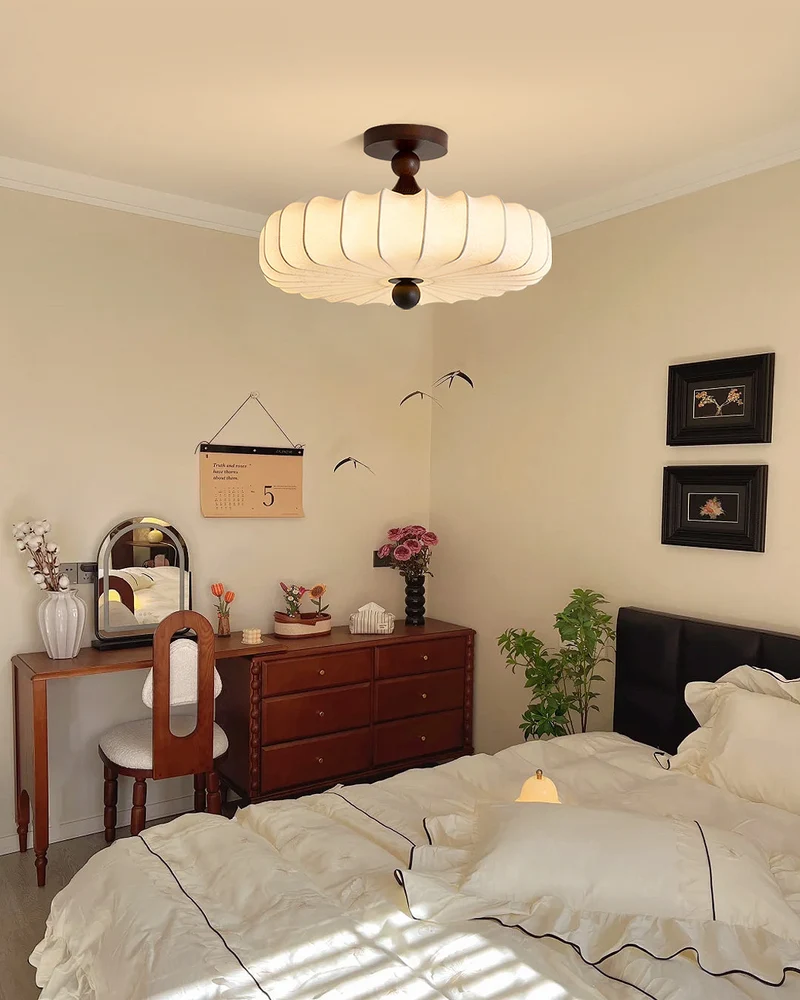 Anela Plafondlamp Walnoot met Beige Gevlochten Kap – Retro Scandinavische Hanglamp met Geïntegreerde LED – Dimbare Plafondverlichting | Sansoti