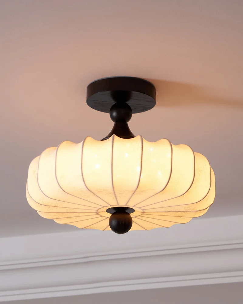 Anela Plafondlamp Walnoot met Beige Gevlochten Kap – Retro Scandinavische Hanglamp met Geïntegreerde LED – Dimbare Plafondverlichting | Sansoti