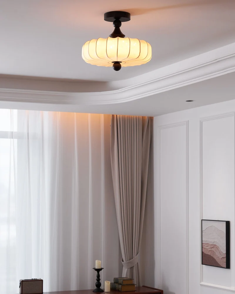 Anela Plafondlamp Walnoot met Beige Gevlochten Kap – Retro Scandinavische Hanglamp met Geïntegreerde LED – Dimbare Plafondverlichting | Sansoti