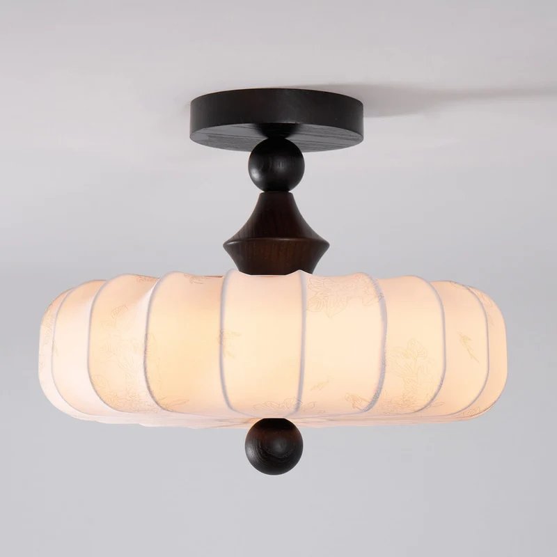 Anela Plafondlamp Walnoot met Beige Gevlochten Kap – Retro Scandinavische Hanglamp met Geïntegreerde LED – Dimbare Plafondverlichting | Sansoti
