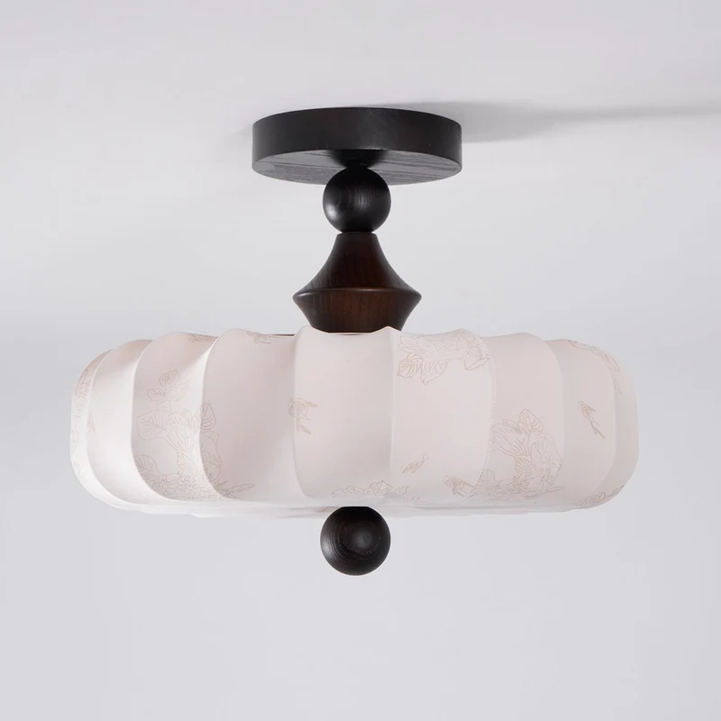 Anela Plafondlamp Walnoot met Beige Gevlochten Kap – Retro Scandinavische Hanglamp met Geïntegreerde LED – Dimbare Plafondverlichting | Sansoti