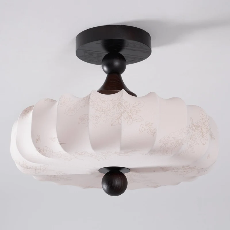 Anela Plafondlamp Walnoot met Beige Gevlochten Kap – Retro Scandinavische Hanglamp met Geïntegreerde LED – Dimbare Plafondverlichting | Sansoti