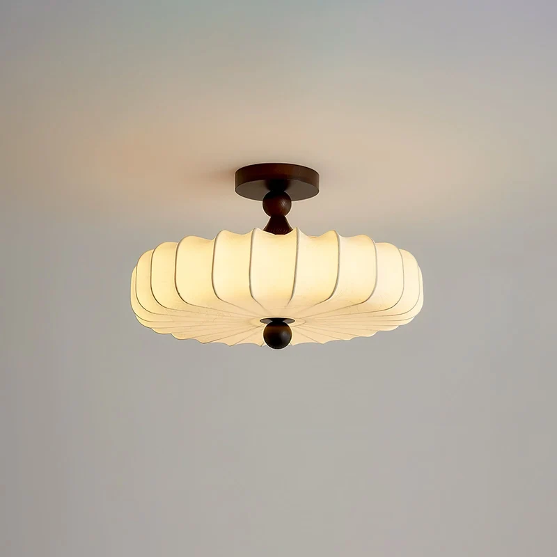 Anela Plafondlamp Walnoot met Beige Gevlochten Kap – Retro Scandinavische Hanglamp met Geïntegreerde LED – Dimbare Plafondverlichting | Sansoti