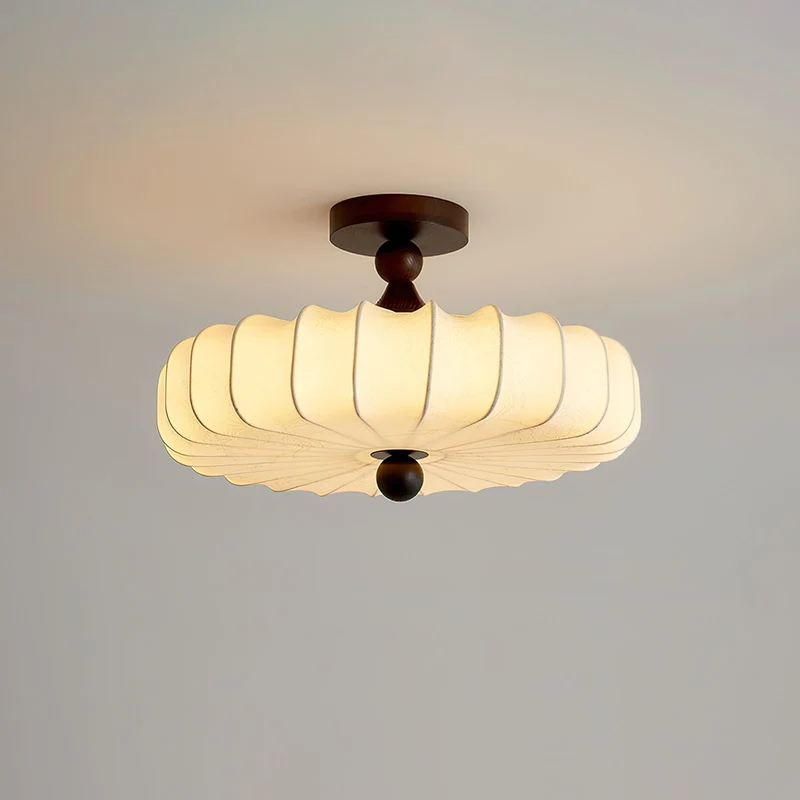 Anela Plafondlamp Walnoot met Beige Gevlochten Kap – Retro Scandinavische Hanglamp met Geïntegreerde LED – Dimbare Plafondverlichting | Sansoti