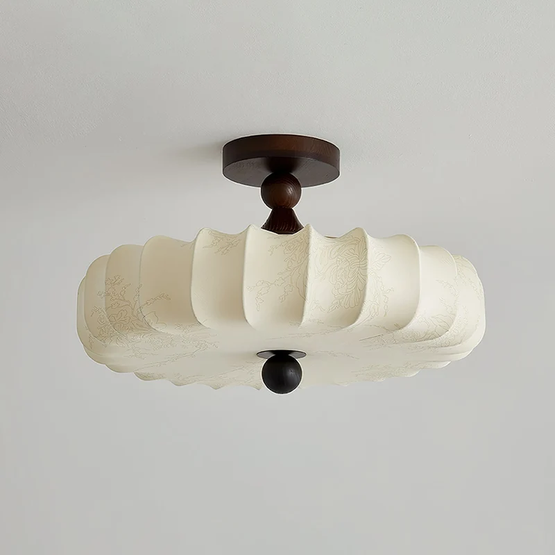 Anela Plafondlamp Walnoot met Beige Gevlochten Kap – Retro Scandinavische Hanglamp met Geïntegreerde LED – Dimbare Plafondverlichting | Sansoti