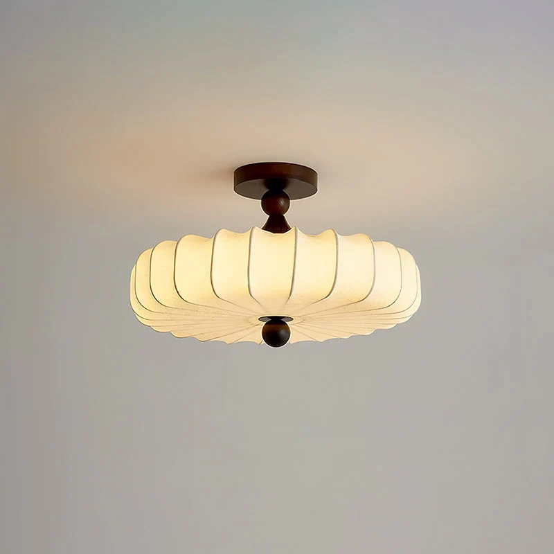 Anela Plafondlamp Walnoot met Beige Gevlochten Kap – Retro Scandinavische Hanglamp met Geïntegreerde LED – Dimbare Plafondverlichting | Sansoti