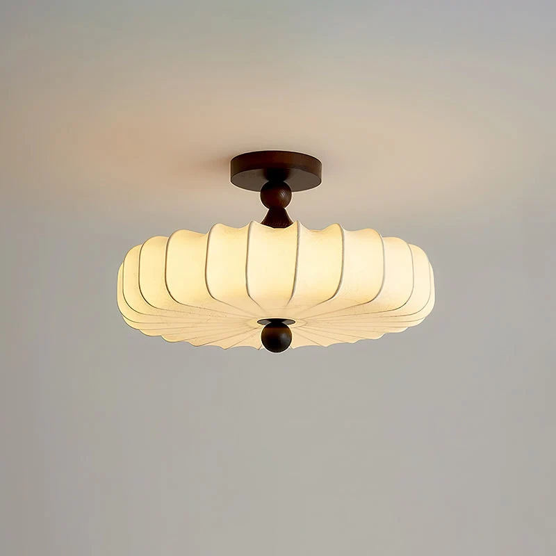 Anela Plafondlamp Walnoot met Beige Gevlochten Kap – Retro Scandinavische Hanglamp met Geïntegreerde LED – Dimbare Plafondverlichting | Sansoti