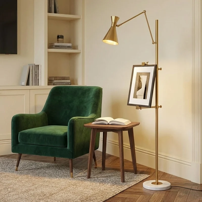 Vloerlamp met Ezelhouder Goudkleurig Frame Marmeren Voet E26/E27 Max 40W Moderne Verlichting voor Kunstwerken en Interieur | Sansoti