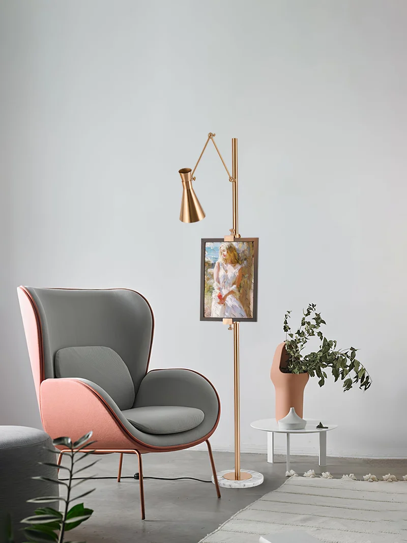 Vloerlamp met Ezelhouder Goudkleurig Frame Marmeren Voet E26/E27 Max 40W Moderne Verlichting voor Kunstwerken en Interieur | Sansoti