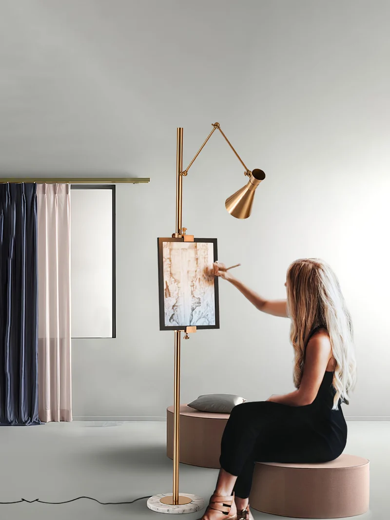 Vloerlamp met Ezelhouder Goudkleurig Frame Marmeren Voet E26/E27 Max 40W Moderne Verlichting voor Kunstwerken en Interieur | Sansoti