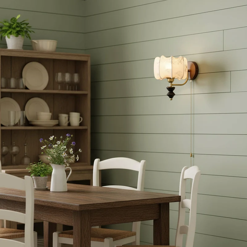 Vintage Wandlamp met Houten Arm en Stoffen Kap – Retro Verlichting met Trekschakelaar | Sansoti