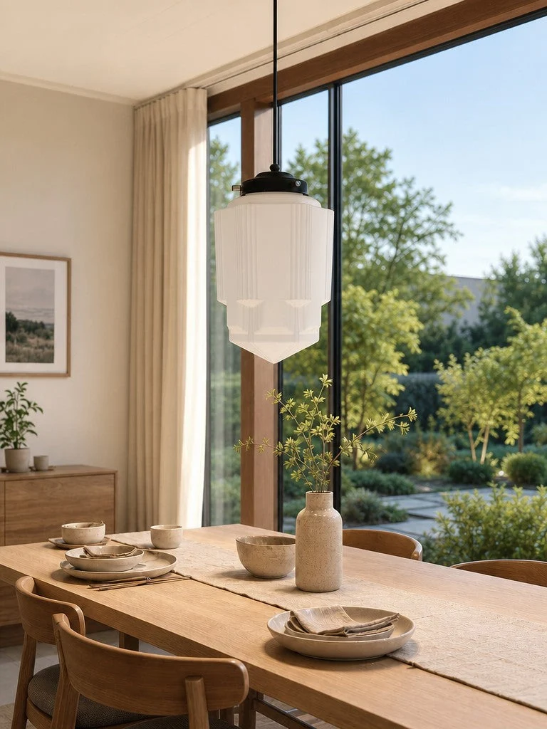Vintage Art Deco Melkglas Hanglamp met Gestreepte Kap voor Eetkamer en Woonruimte | Sansoti