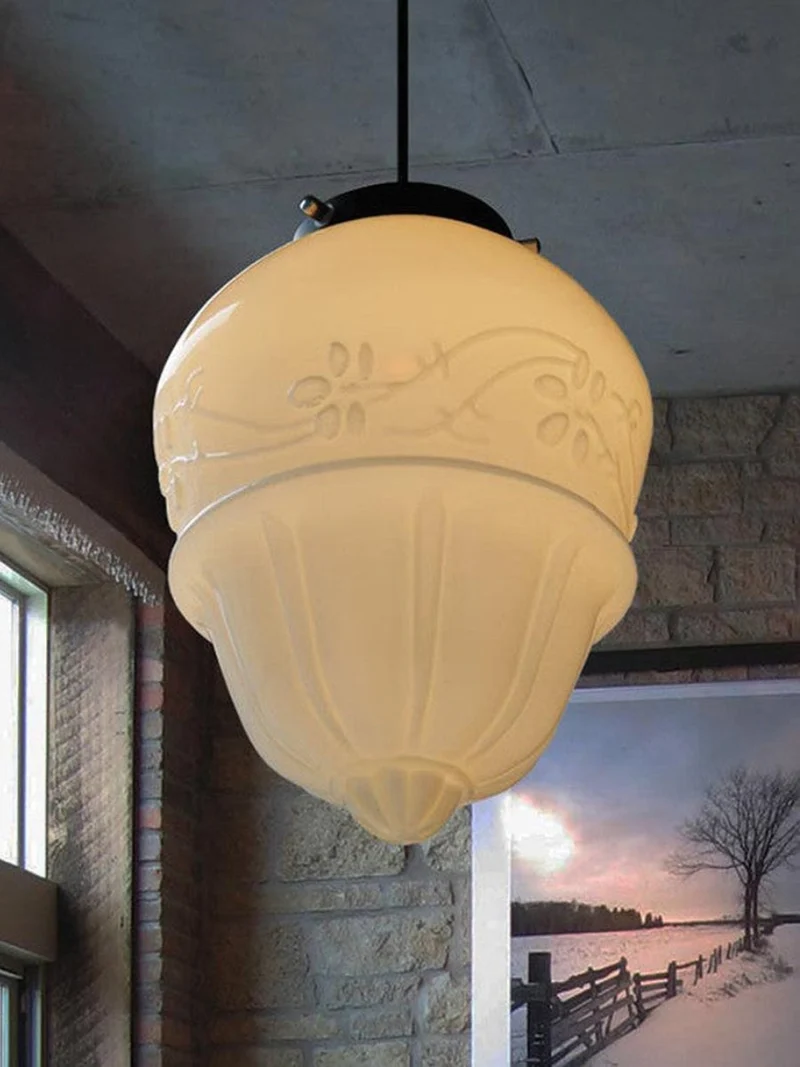 Vintage Art Deco Melkglas Hanglamp met Gestreepte Kap voor Eetkamer en Woonruimte | Sansoti