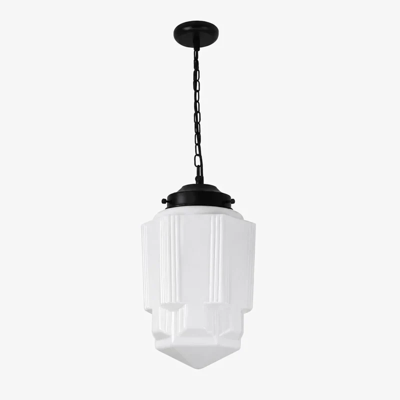 Vintage Art Deco Melkglas Hanglamp met Gestreepte Kap voor Eetkamer en Woonruimte | Sansoti