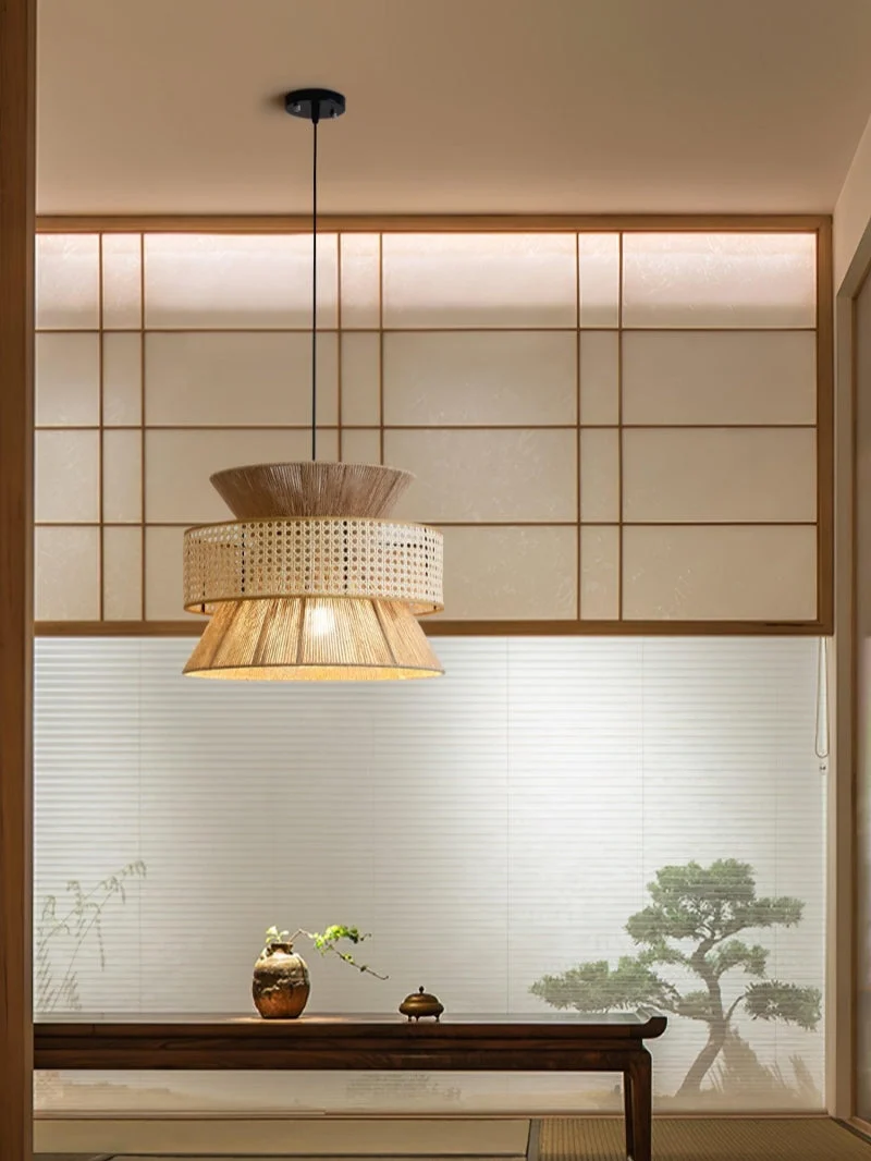 Handgeweven Hennep Hanglamp in Zen-Stijl – Natuurlijk Rotan Tromlamp voor Rustieke Sfeer | Sansoti