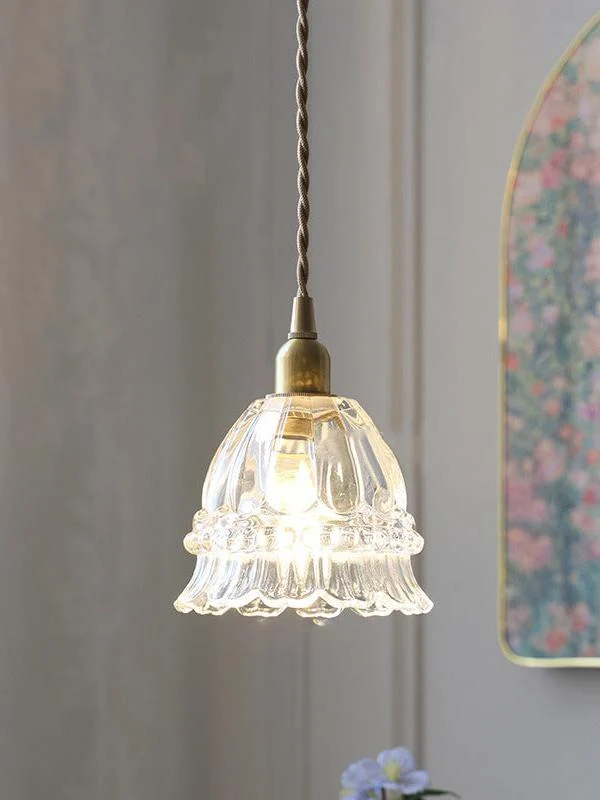 Franse Landelijke Hanglamp Glazen Kap Kwallen Design Transparant of Amber met Walnoot Greep Sfeerverlichting Eetkamer Elegante Plafondlamp | Sansoti