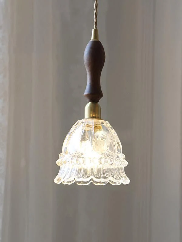 Franse Landelijke Hanglamp Glazen Kap Kwallen Design Transparant of Amber met Walnoot Greep Sfeerverlichting Eetkamer Elegante Plafondlamp | Sansoti