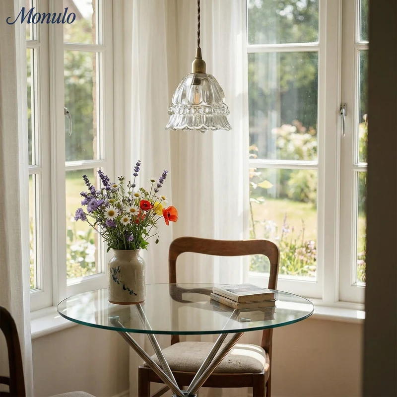 Franse Landelijke Hanglamp Glazen Kap Kwallen Design Transparant of Amber met Walnoot Greep Sfeerverlichting Eetkamer Elegante Plafondlamp | Sansoti