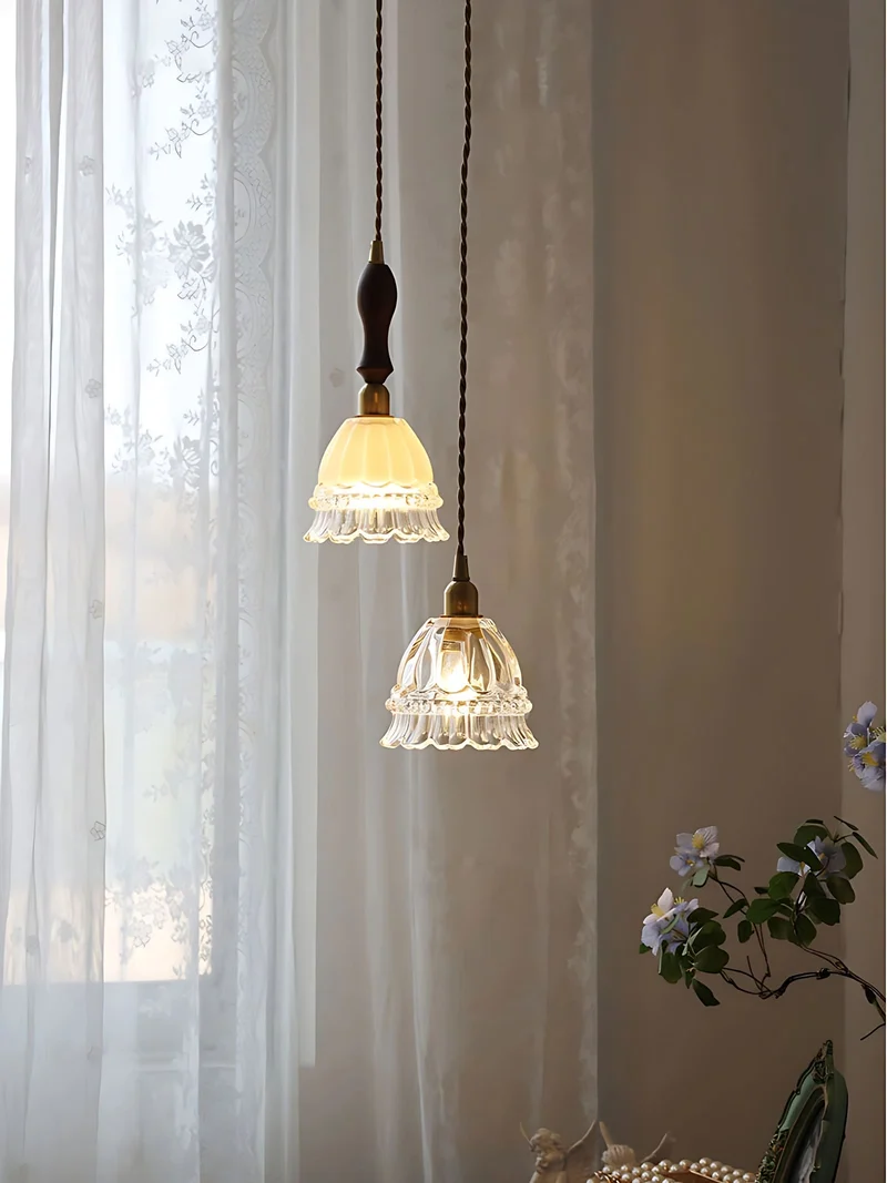 Franse Landelijke Hanglamp Glazen Kap Kwallen Design Transparant of Amber met Walnoot Greep Sfeerverlichting Eetkamer Elegante Plafondlamp | Sansoti