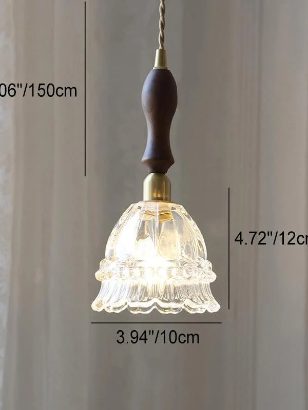 Franse Landelijke Hanglamp Glazen Kap Kwallen Design Transparant of Amber met Walnoot Greep Sfeerverlichting Eetkamer Elegante Plafondlamp | Sansoti