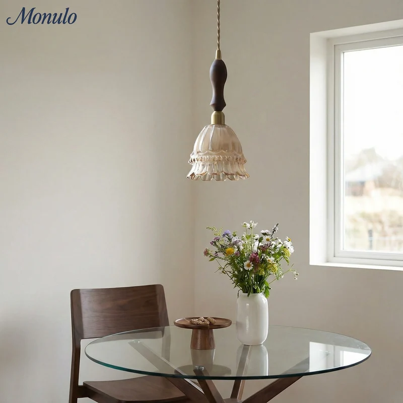 Franse Landelijke Hanglamp Glazen Kap Kwallen Design Transparant of Amber met Walnoot Greep Sfeerverlichting Eetkamer Elegante Plafondlamp | Sansoti