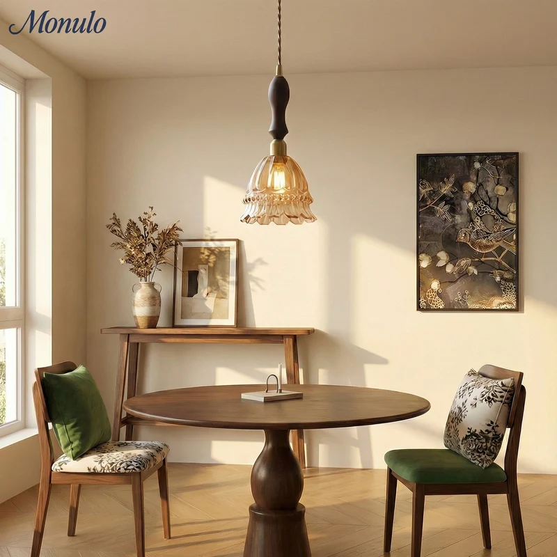 Franse Landelijke Hanglamp Glazen Kap Kwallen Design Transparant of Amber met Walnoot Greep Sfeerverlichting Eetkamer Elegante Plafondlamp | Sansoti