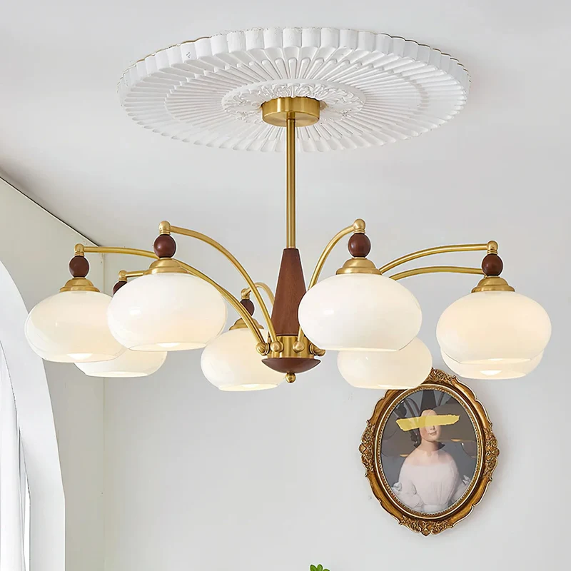Retro Calliope Kroonluchter – Metalen Hanglamp met Glazen Kappen – 3, 5 of 8 Lichtpunten – Klassiek Vintage Design voor Eetkamer en Woonkamer | Sansoti