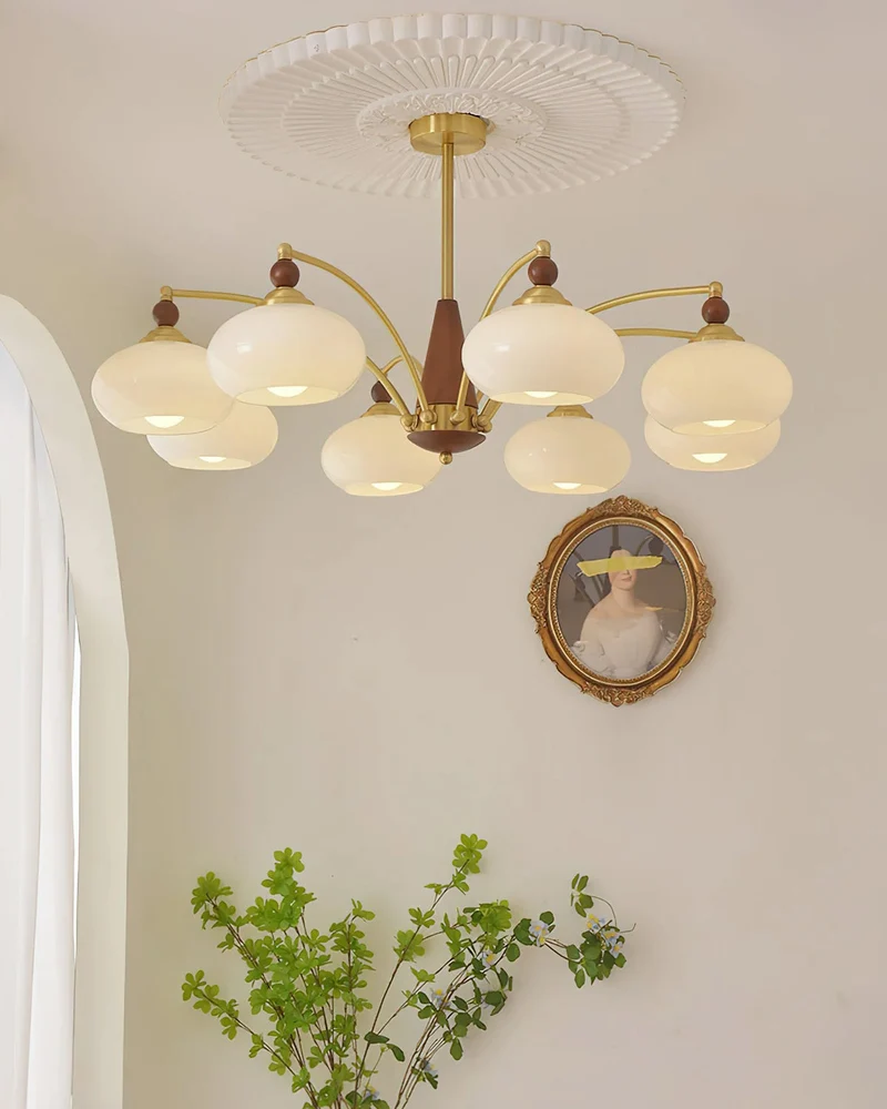 Retro Calliope Kroonluchter – Metalen Hanglamp met Glazen Kappen – 3, 5 of 8 Lichtpunten – Klassiek Vintage Design voor Eetkamer en Woonkamer | Sansoti
