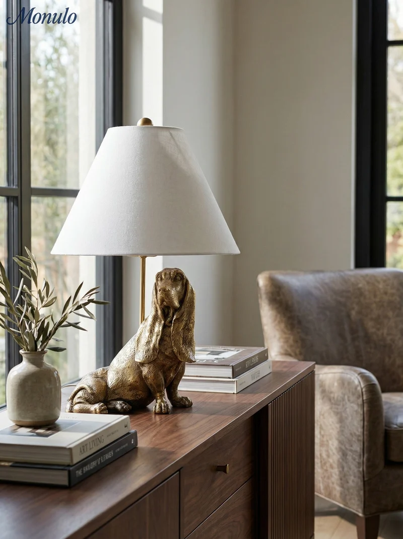 Dierenfiguur Tafellamp met Katoenen Kap – Klassieke Nachtkastlamp met Dierenmotief | Sansoti