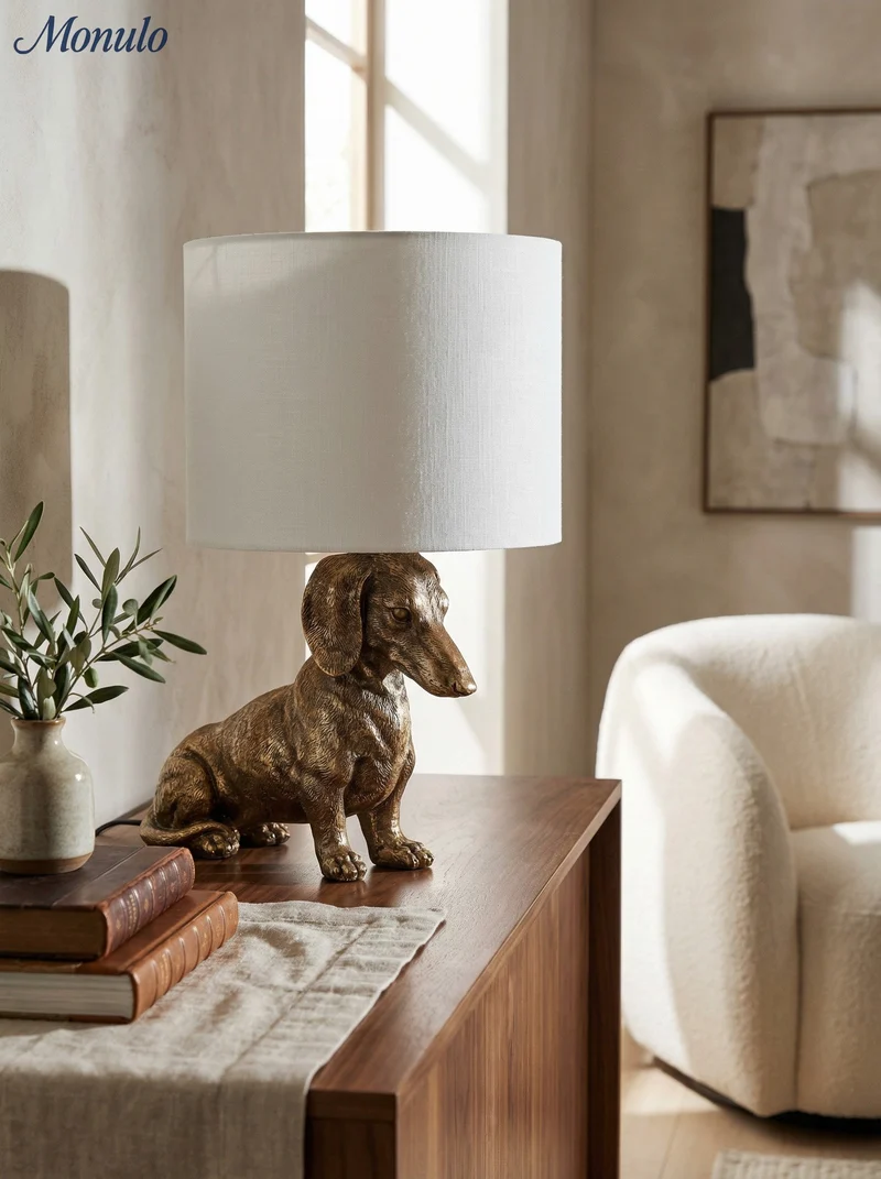 Dierenfiguur Tafellamp met Katoenen Kap – Klassieke Nachtkastlamp met Dierenmotief | Sansoti