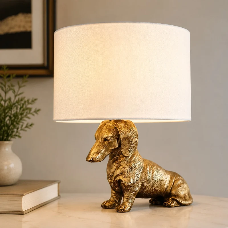 Dierenfiguur Tafellamp met Katoenen Kap – Klassieke Nachtkastlamp met Dierenmotief | Sansoti