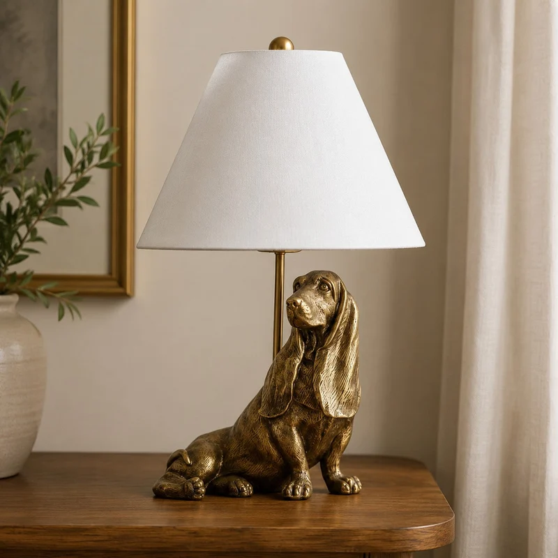Dierenfiguur Tafellamp met Katoenen Kap – Klassieke Nachtkastlamp met Dierenmotief | Sansoti