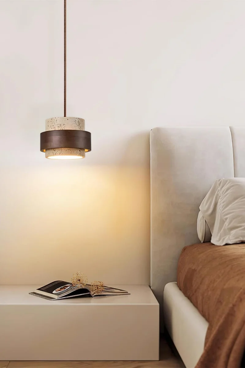 Houten Hanglamp met Travertijn Afwerking – Organische Lichtbron Eetkamer Woonkamer | Sansoti