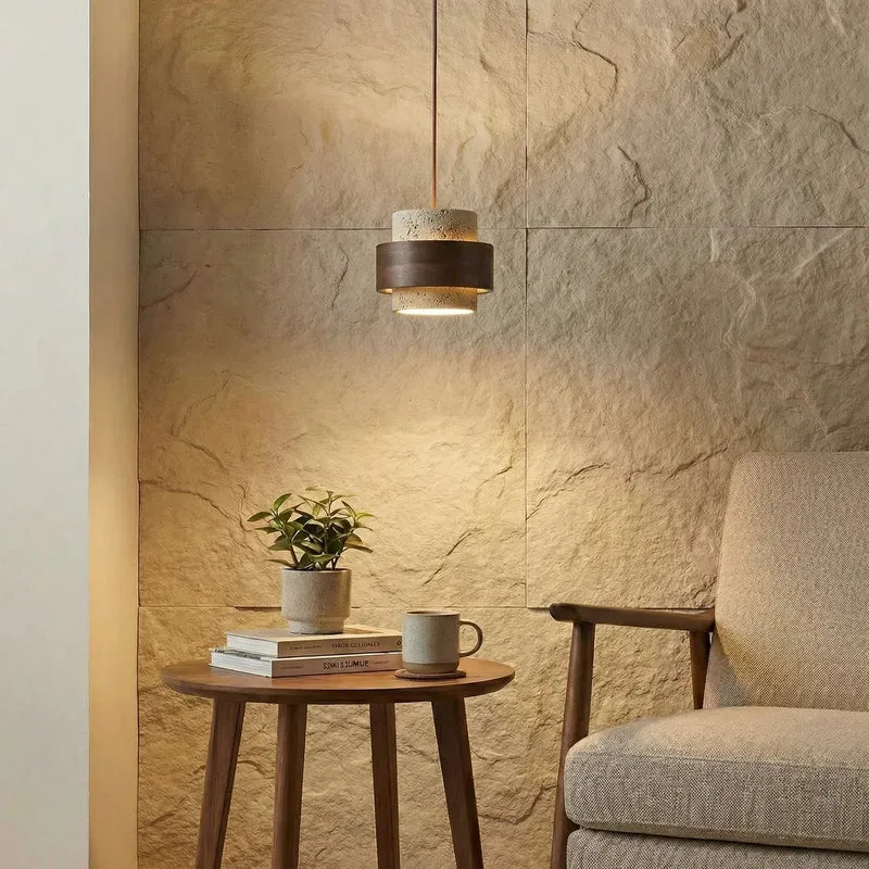 Houten Hanglamp met Travertijn Afwerking – Organische Lichtbron Eetkamer Woonkamer | Sansoti