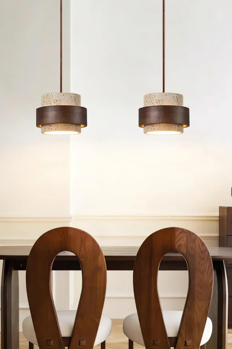 Houten Hanglamp met Travertijn Afwerking – Organische Lichtbron Eetkamer Woonkamer | Sansoti