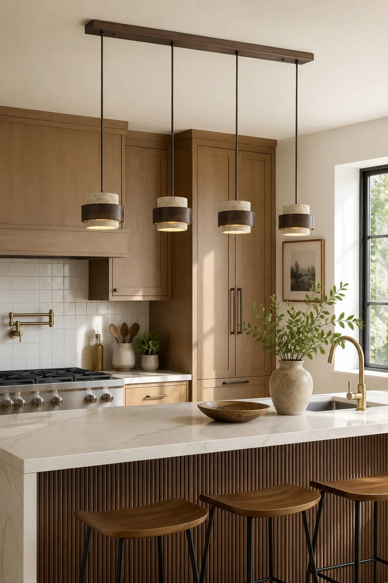 Houten Hanglamp met Travertijn Afwerking – Organische Lichtbron Eetkamer Woonkamer | Sansoti