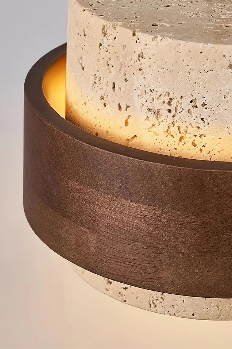Houten Hanglamp met Travertijn Afwerking – Organische Lichtbron Eetkamer Woonkamer | Sansoti