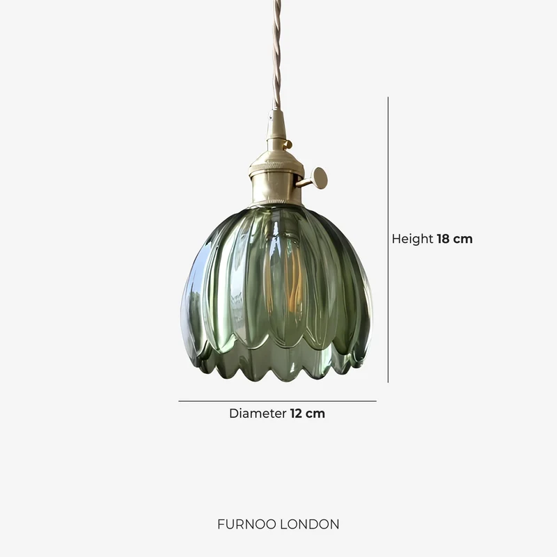 MAREN Hanglamp – Japanse Bloemvormige Glazen Lamp met Zacht Diffuus Licht – Verkrijgbaar in Groen, Transparant, Amber en Rookgrijs – Ø12cm x H18cm | Sansoti