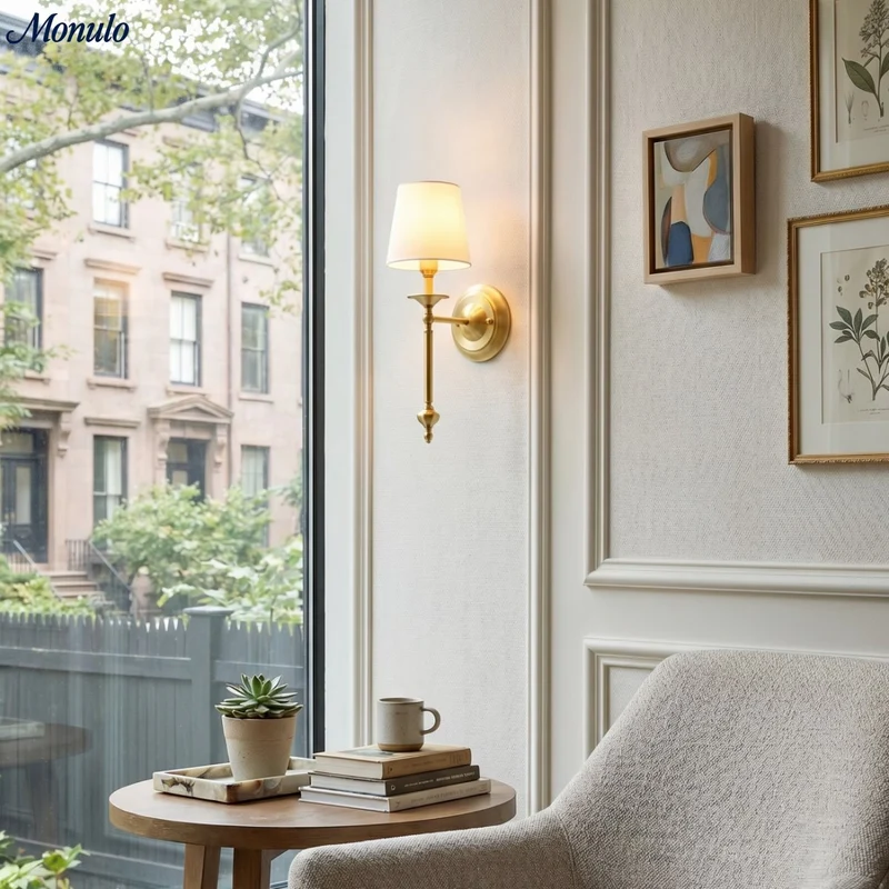 Stoffen Wandlamp met Vintage Koperen Afwerking – Sfeervolle Verlichting voor Hal, Slaapkamer en Woonkamer | Sansoti
