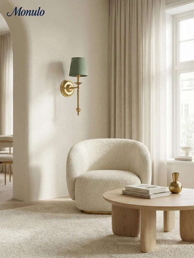 Stoffen Wandlamp met Vintage Koperen Afwerking – Sfeervolle Verlichting voor Hal, Slaapkamer en Woonkamer | Sansoti