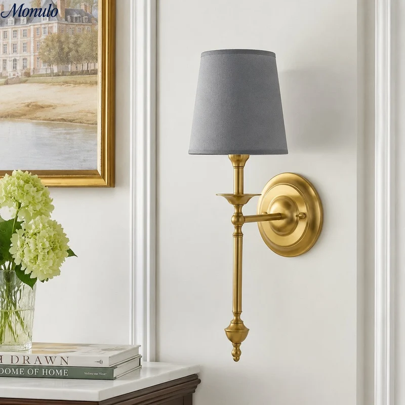 Stoffen Wandlamp met Vintage Koperen Afwerking – Sfeervolle Verlichting voor Hal, Slaapkamer en Woonkamer | Sansoti