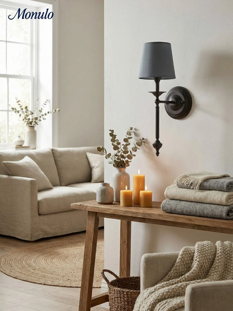 Stoffen Wandlamp met Vintage Koperen Afwerking – Sfeervolle Verlichting voor Hal, Slaapkamer en Woonkamer | Sansoti
