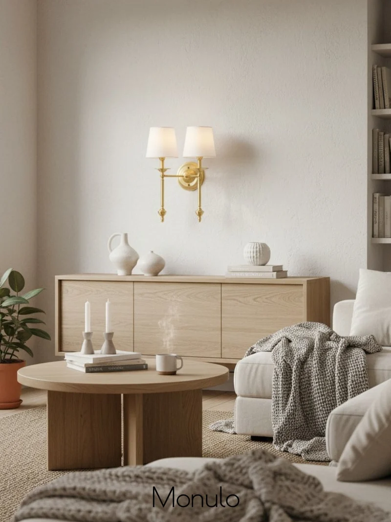 Stoffen Wandlamp met Vintage Koperen Afwerking – Sfeervolle Verlichting voor Hal, Slaapkamer en Woonkamer | Sansoti