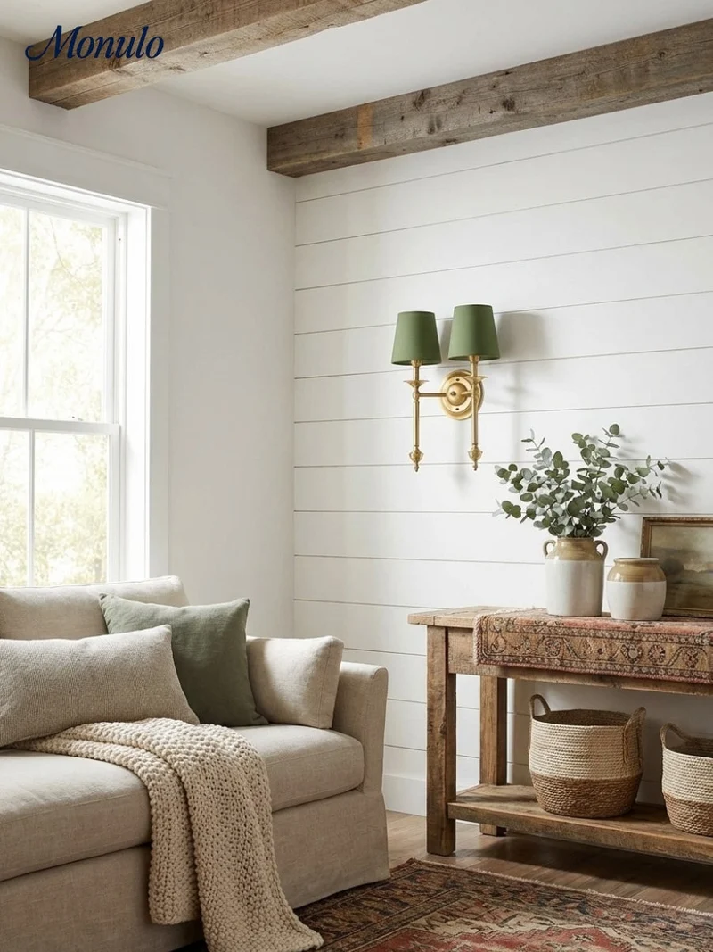 Stoffen Wandlamp met Vintage Koperen Afwerking – Sfeervolle Verlichting voor Hal, Slaapkamer en Woonkamer | Sansoti