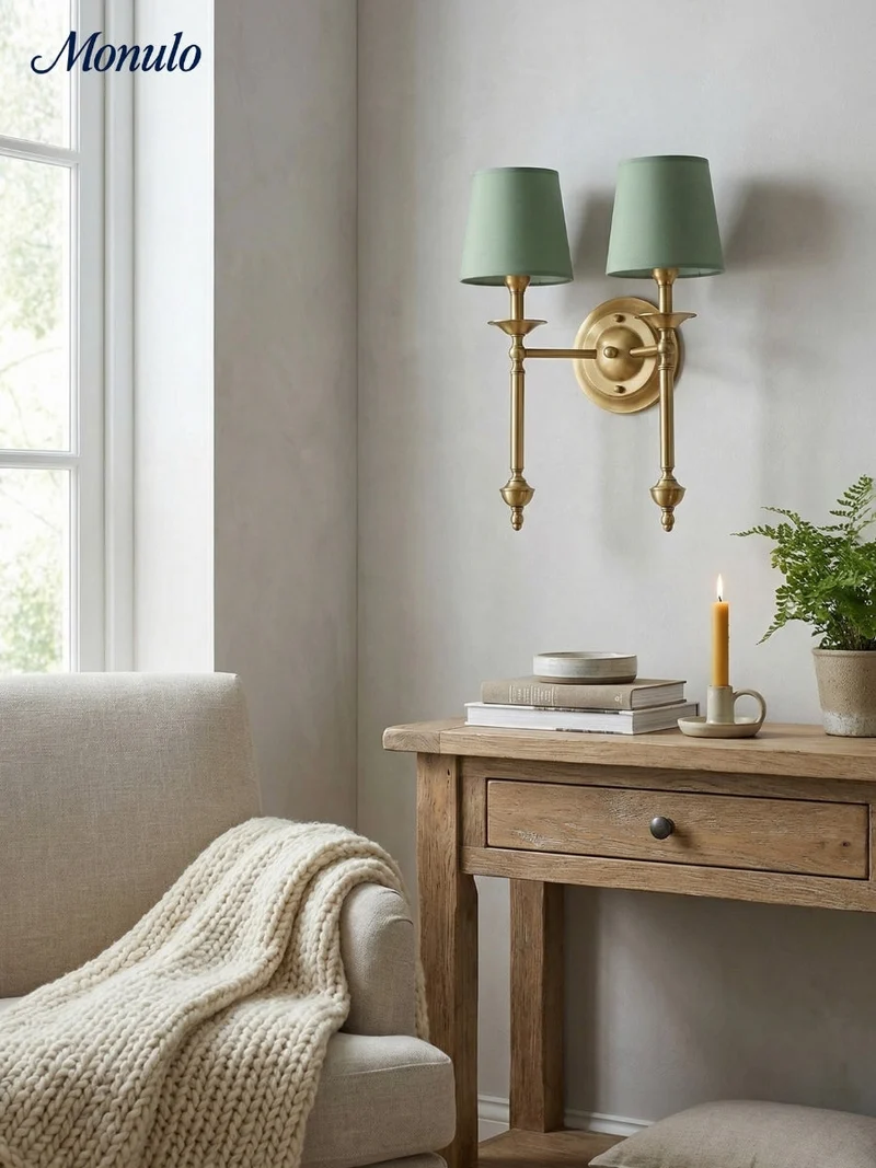 Stoffen Wandlamp met Vintage Koperen Afwerking – Sfeervolle Verlichting voor Hal, Slaapkamer en Woonkamer | Sansoti