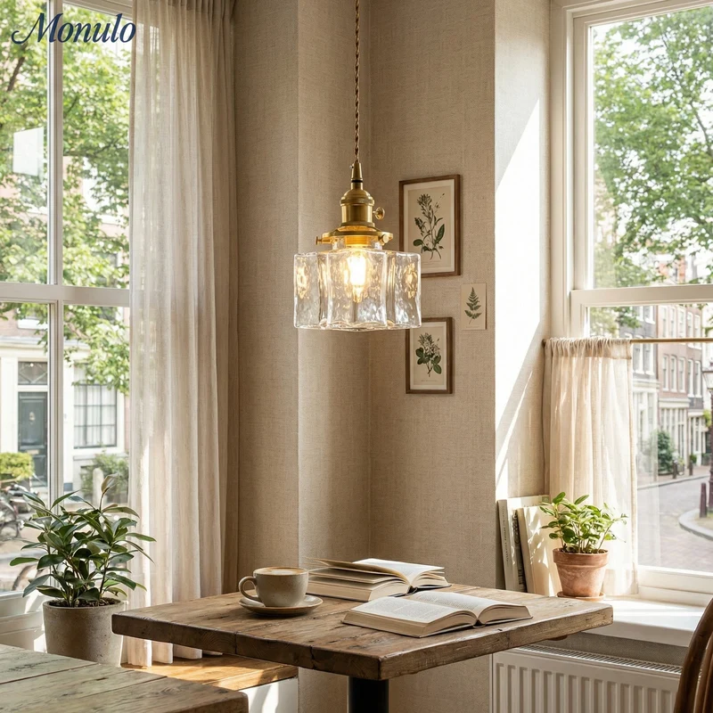Vintage Hanglamp met Gegolfd Glas & IJzeren Armatuur – Vierkant/Rechthoekig – Scandinavisch Design voor Woonkamer | Sansoti