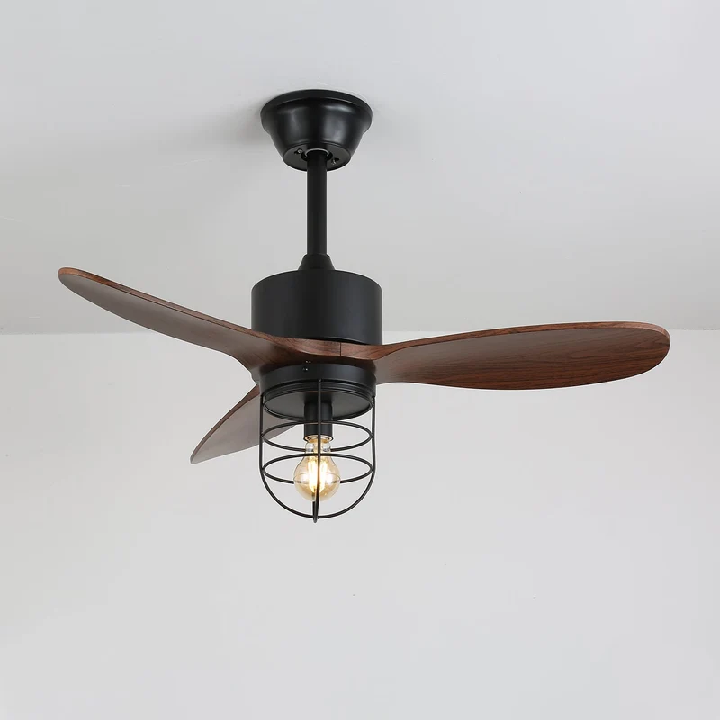 Industriële Plafondventilator met Verlichting Ø91cm – Metalen Frame – Glazen Kap – 6 Snelheden – Afstandsbediening – AC 110-240V – Walnoot & Zwart | Sansoti
