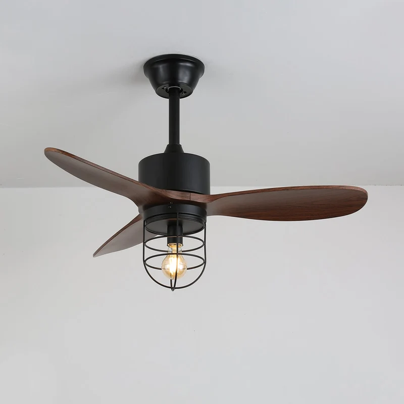 Industriële Plafondventilator met Verlichting Ø91cm – Metalen Frame – Glazen Kap – 6 Snelheden – Afstandsbediening – AC 110-240V – Walnoot & Zwart | Sansoti